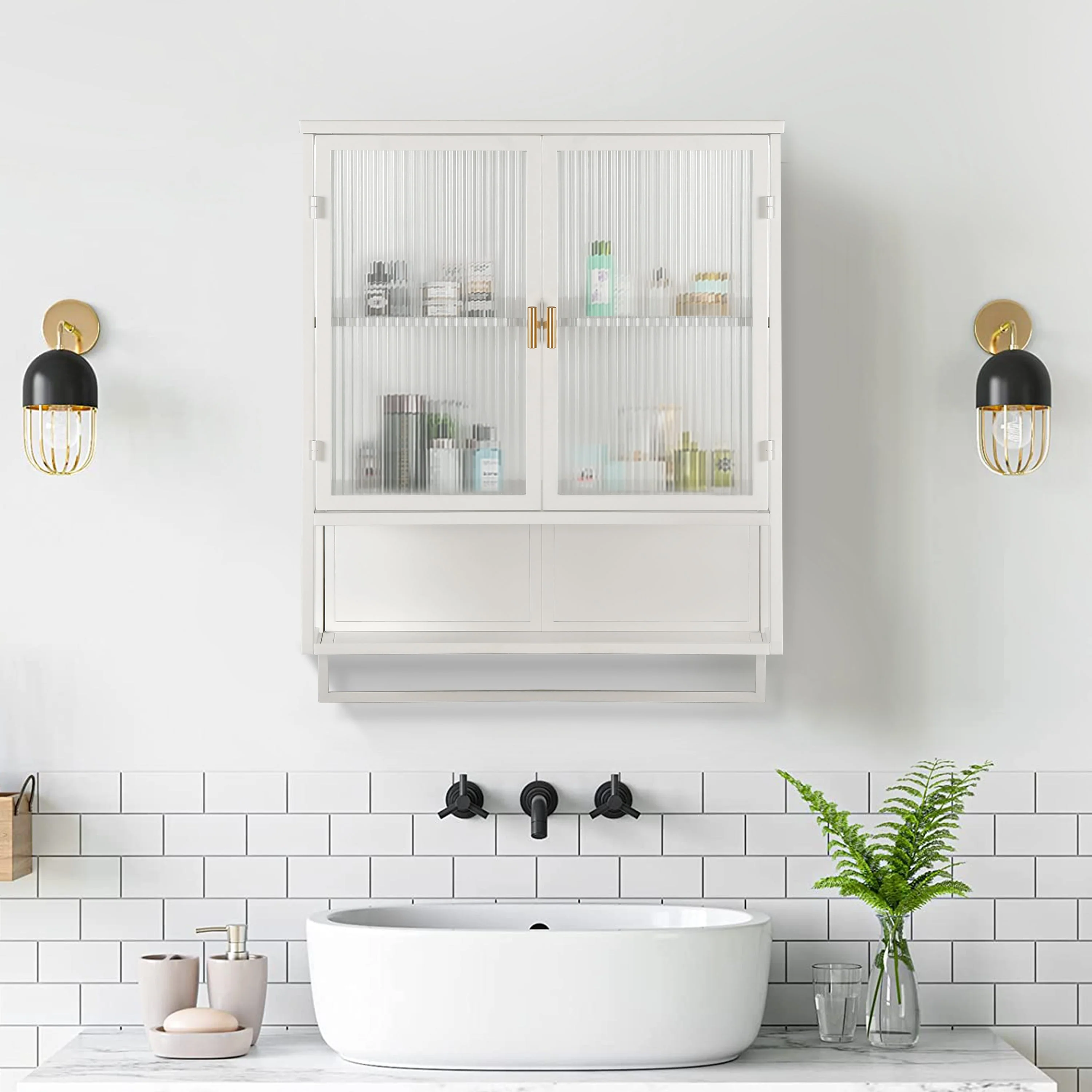 23.62"Glass Doors Modern Two-door Wall Cabinet with Featuring Two-tier Enclosed Storage an Open Shelf and Towel Rack - Image 7