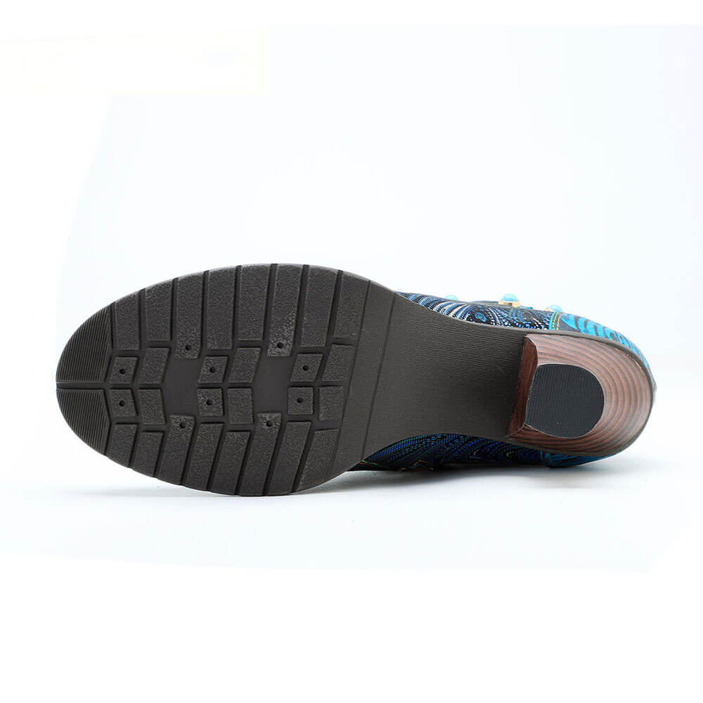 Blue Embossed Leather And Warm Brocade Comfy Ankle Boots - Image 12