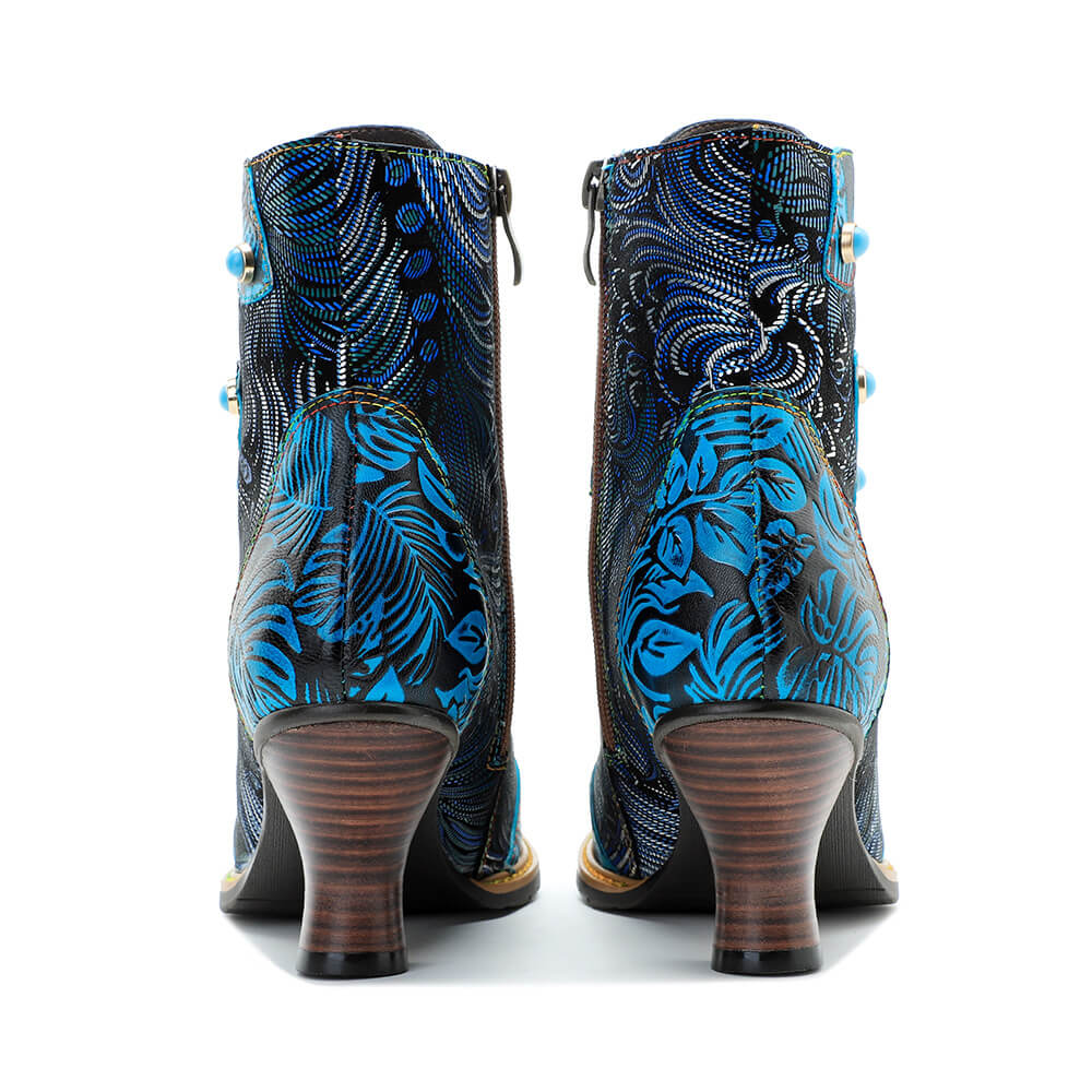 Blue Embossed Leather And Warm Brocade Comfy Ankle Boots - Image 8