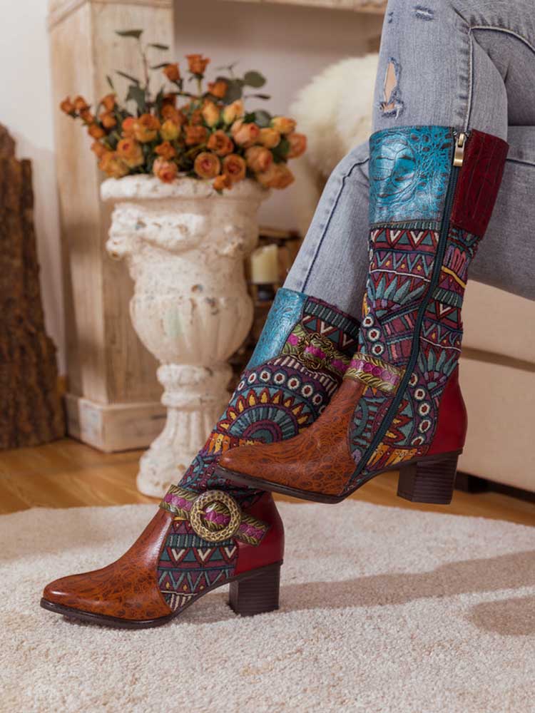 Bohemian Leather Splicing Pattern High Tube Boots - Image 11