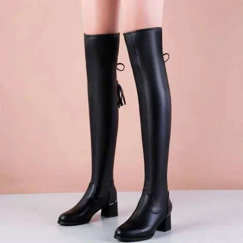 Elastic Leather Knee Boots - Image 11