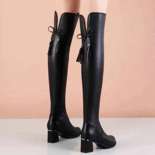 Elastic Leather Knee Boots - Image 12