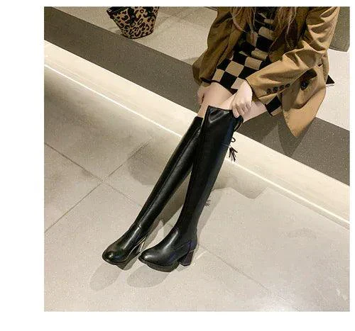 Elastic Leather Knee Boots - Image 13