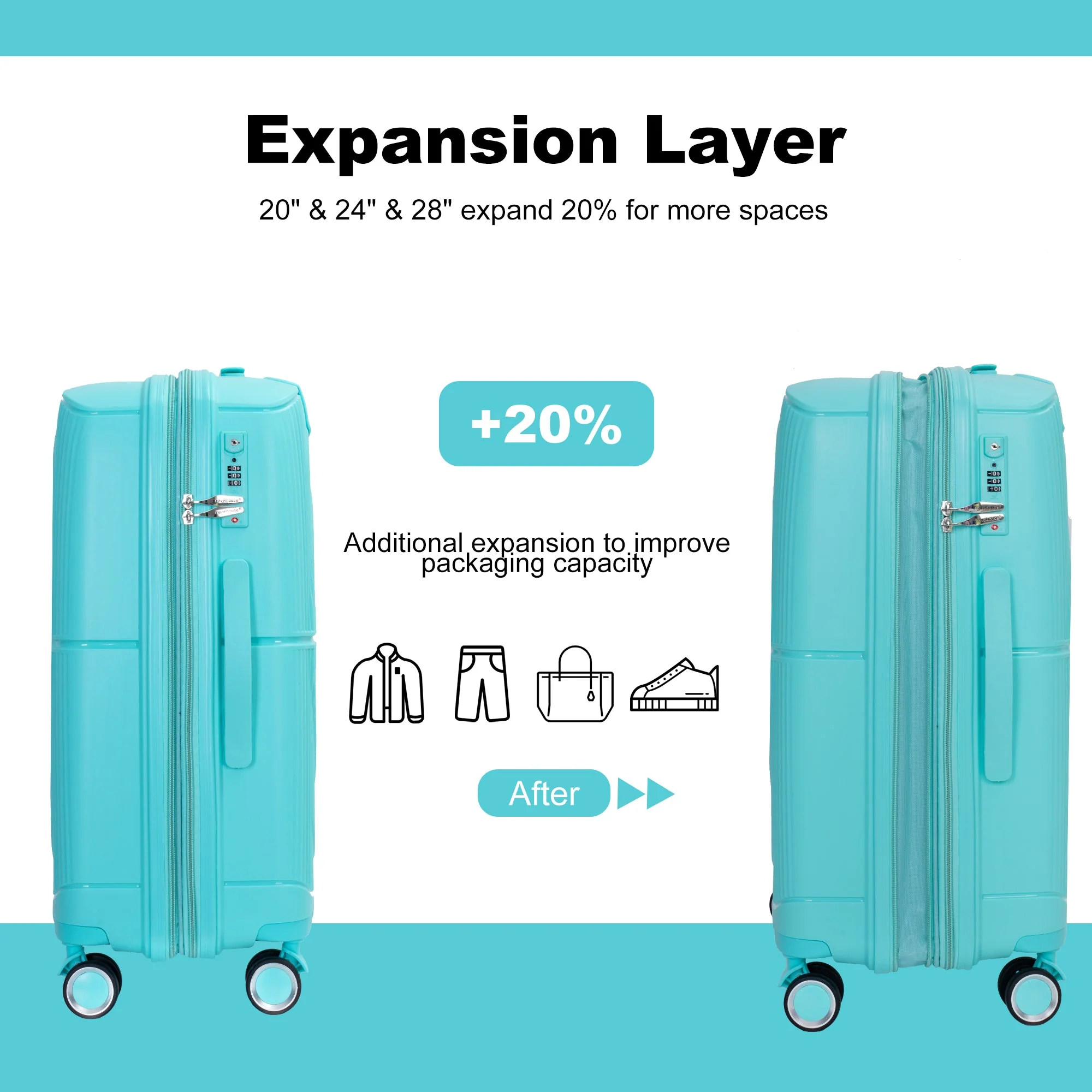 Expandable Hardshell Suitcase Double Spinner Wheels PP Luggage Sets Lightweight Durable 3-Piece Set (20/24/28) , Lake Blue - Image 20