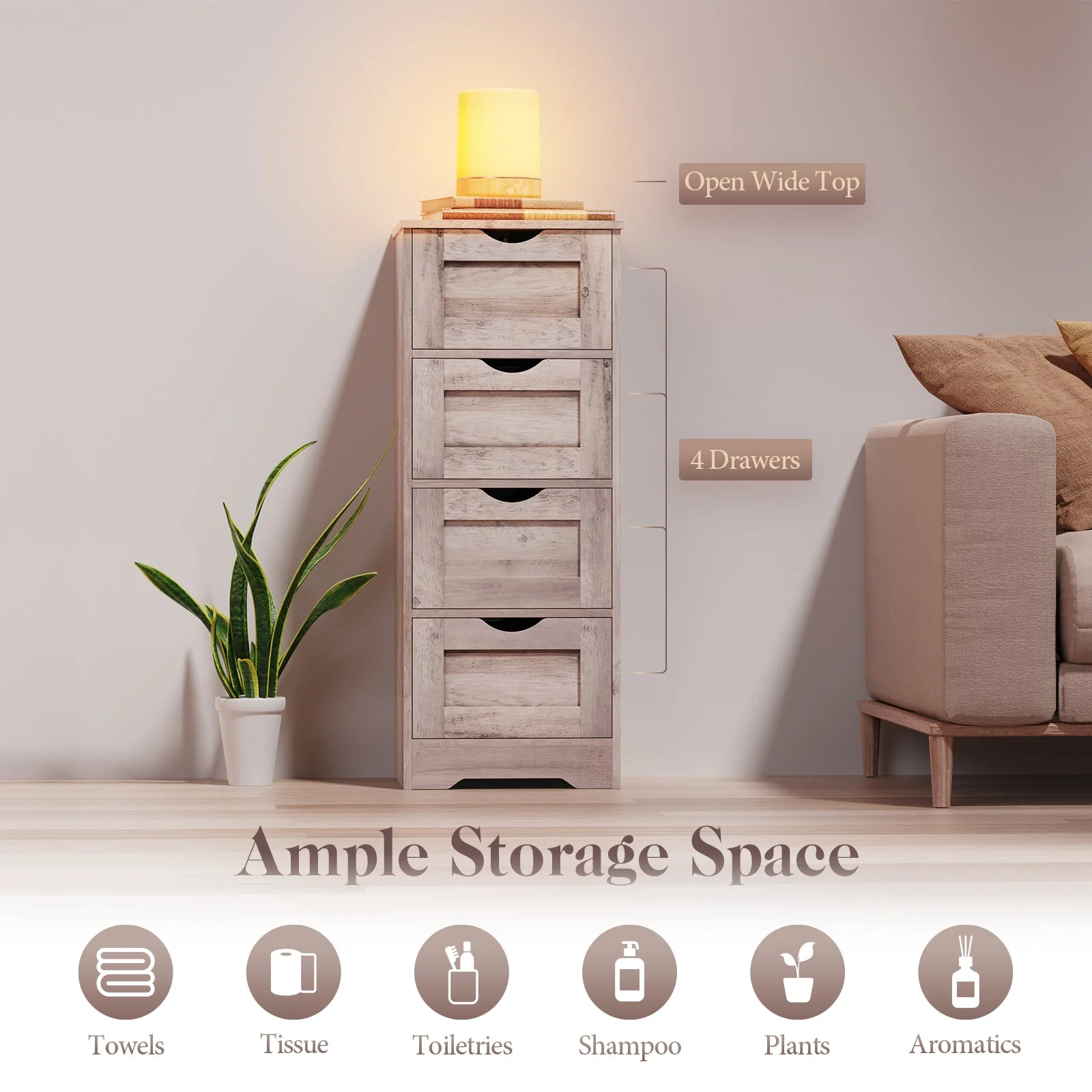 Floor Cabinet Wooden Storage Cabinet Home Office Living Room Bathroom Side Table Sturdy Modern 4 Drawers Grey - Image 10