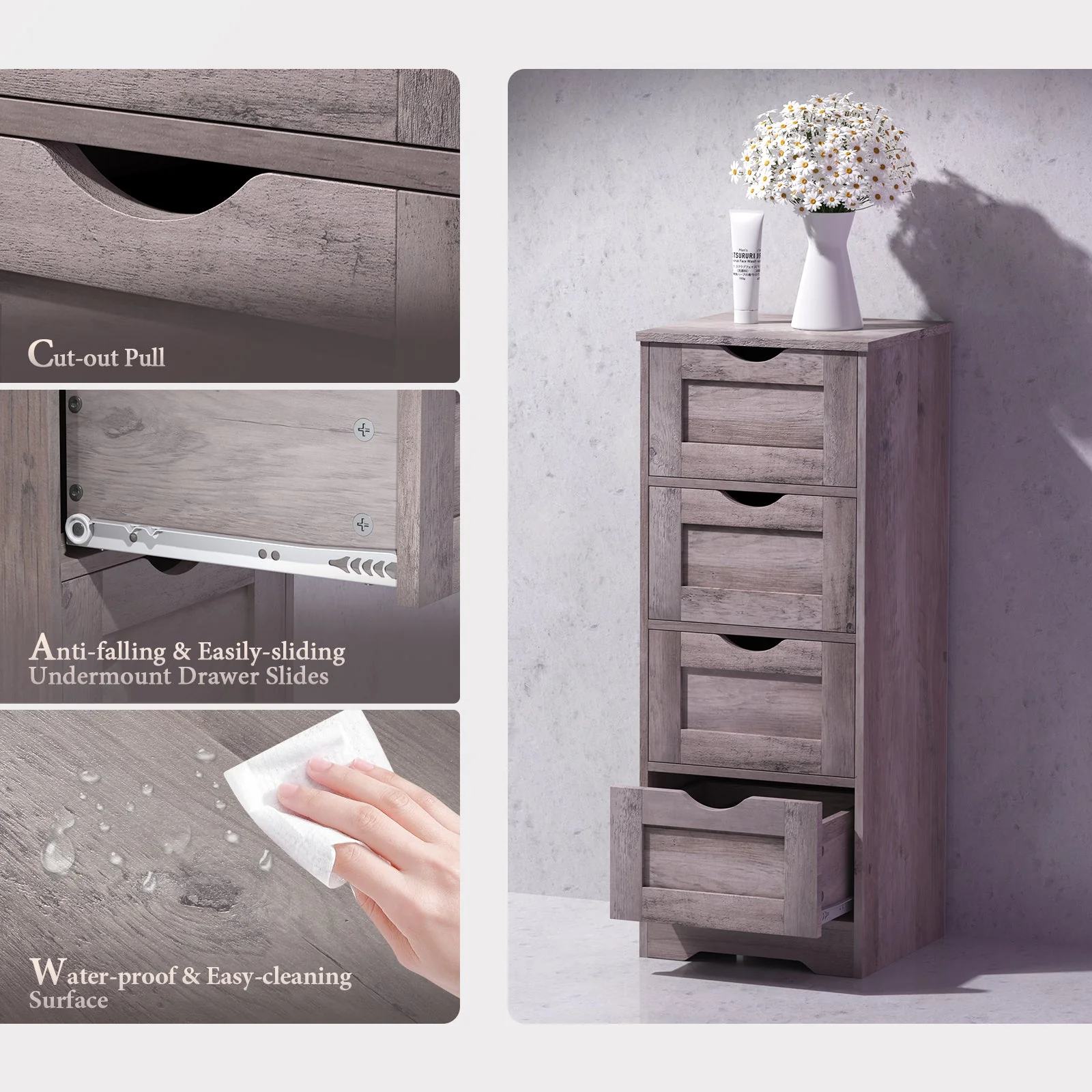 Floor Cabinet Wooden Storage Cabinet Home Office Living Room Bathroom Side Table Sturdy Modern 4 Drawers Grey - Image 14