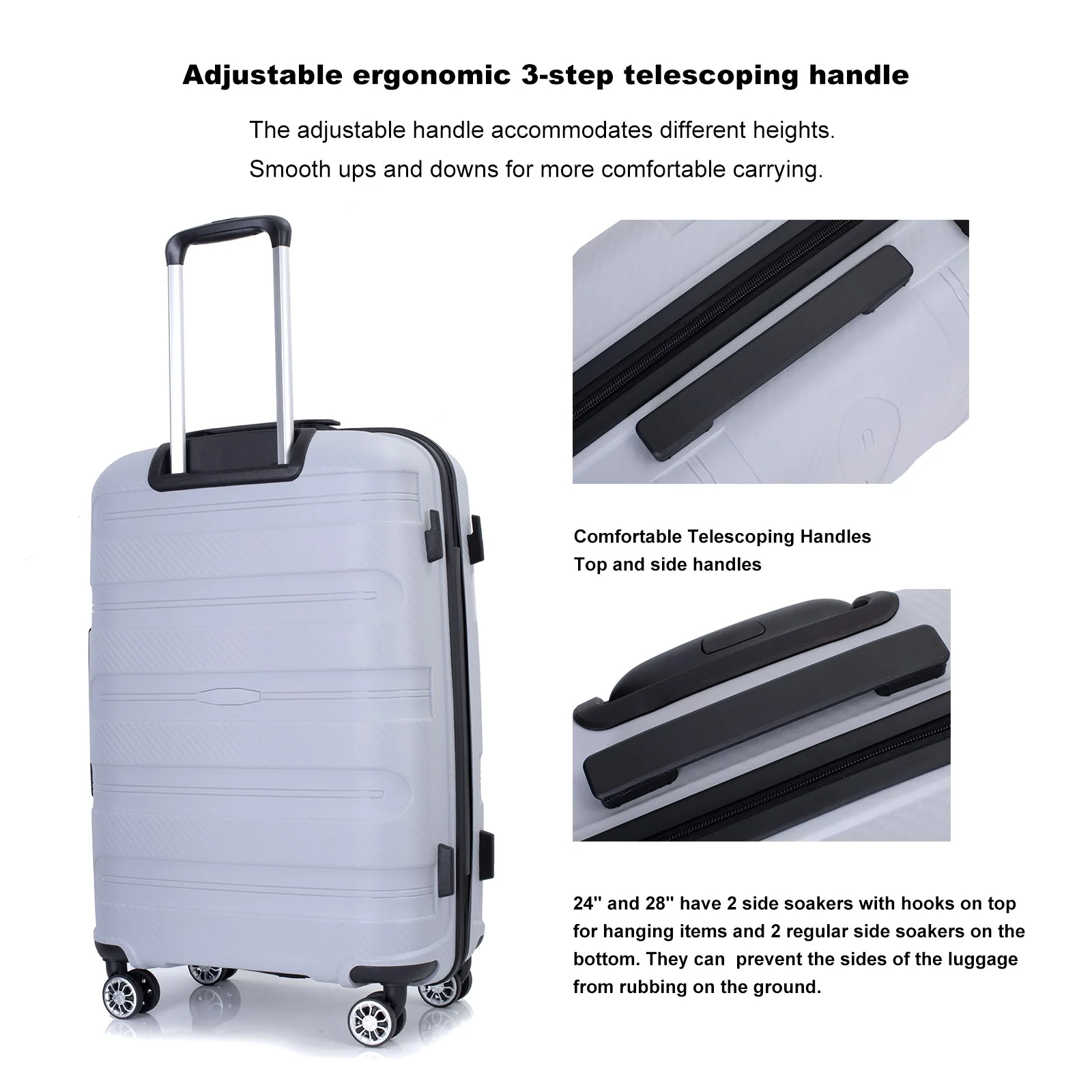 Hardshell Suitcase Spinner Wheels PP Luggage Sets Lightweight Durable Suitcase with TSA Lock,3-Piece Set (20/24/28) ,Silver - Image 5