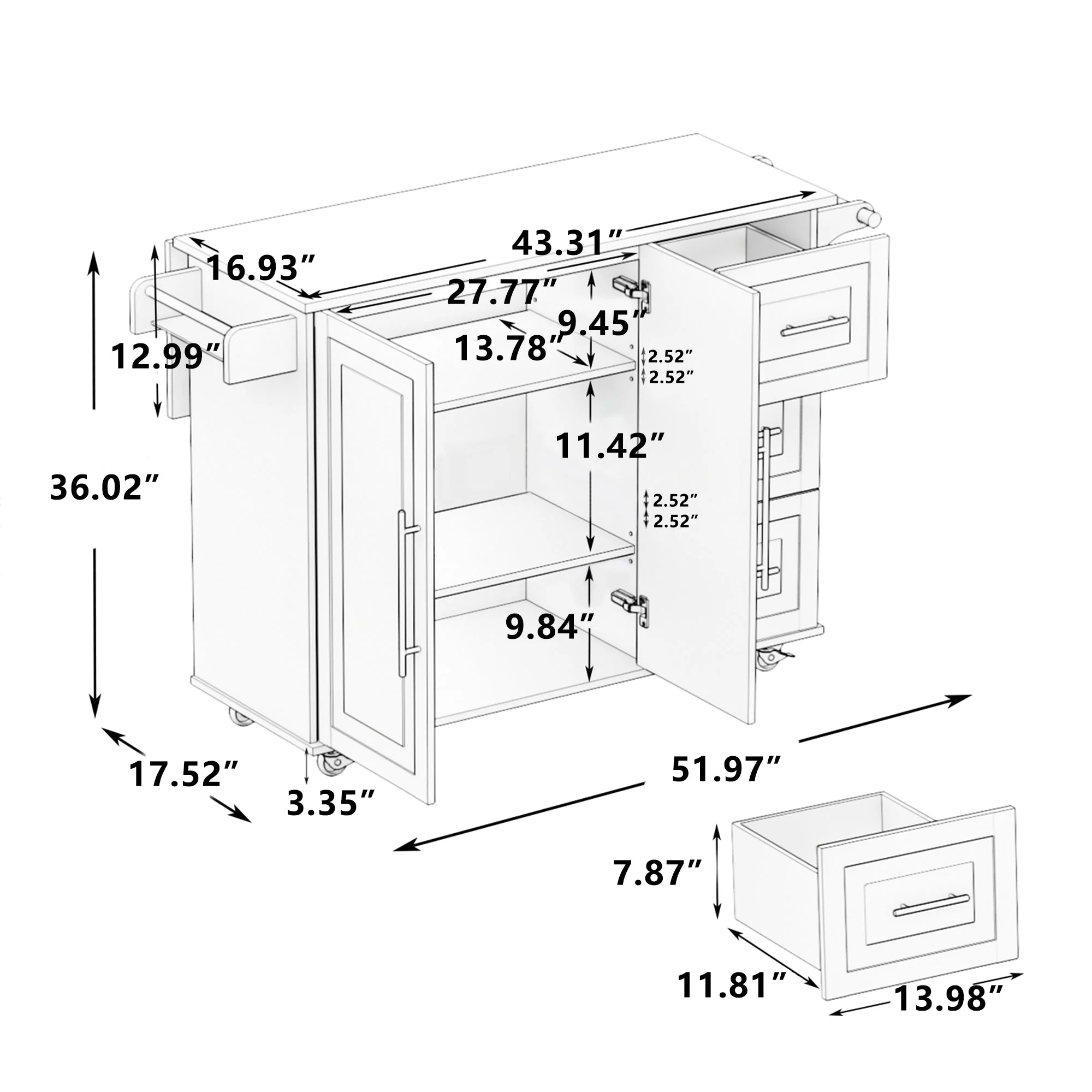 Kitchen Island Cart with 2 Door Cabinet and Three Drawers,43.31 Inch Width with Spice Rack,Towel Rack (White) - Image 3