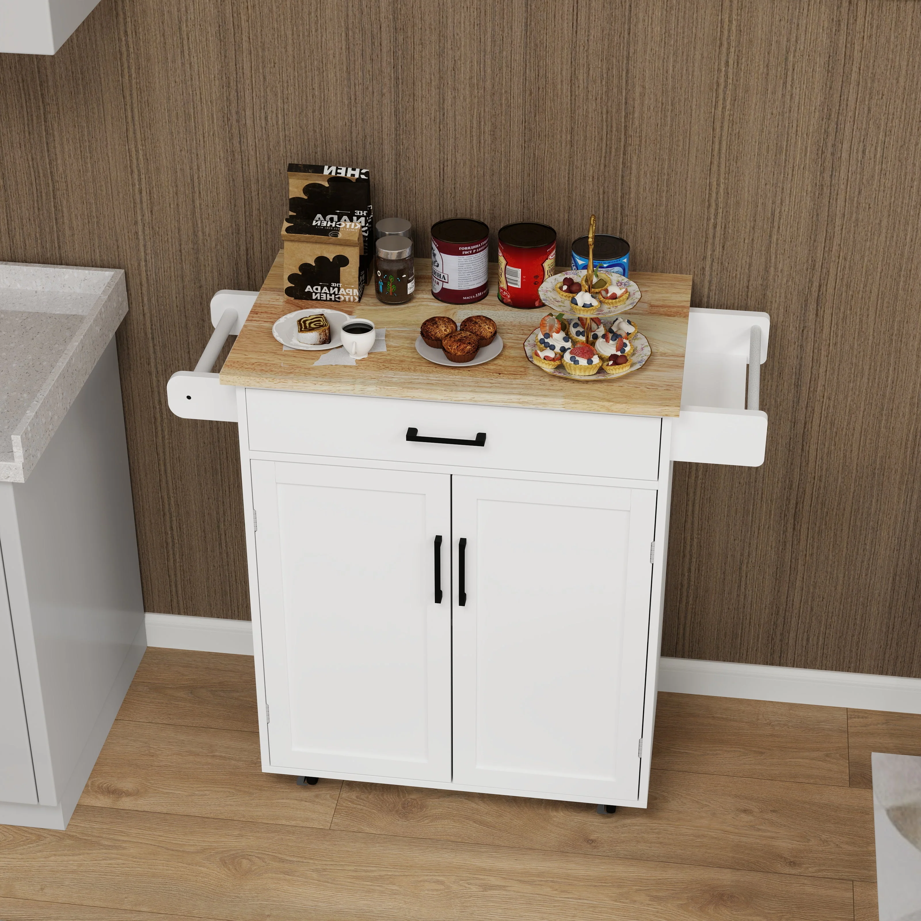 Kitchen island rolling trolley cart with 1 drawer & 2 doors with storage racks & Adjustable Shelves & towel rack - Image 15