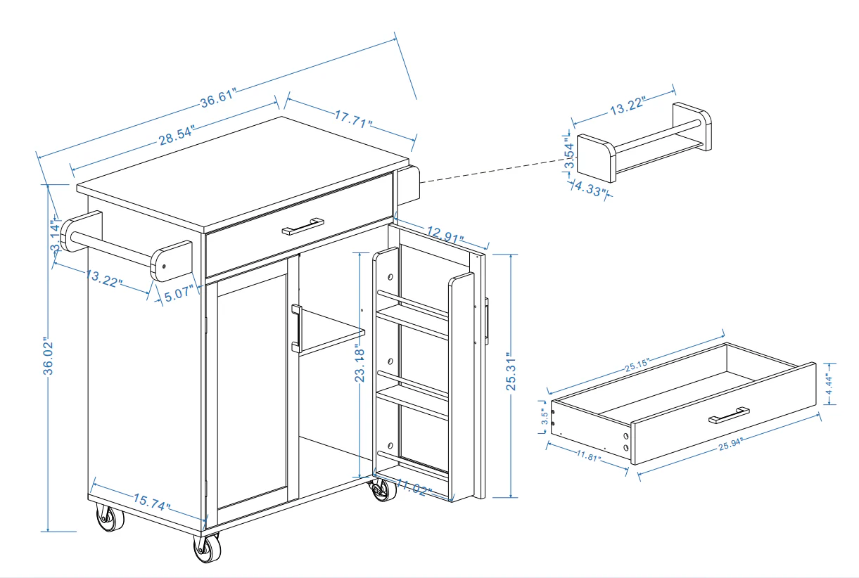 Kitchen island rolling trolley cart with 1 drawer & 2 doors with storage racks & Adjustable Shelves & towel rack - Image 8