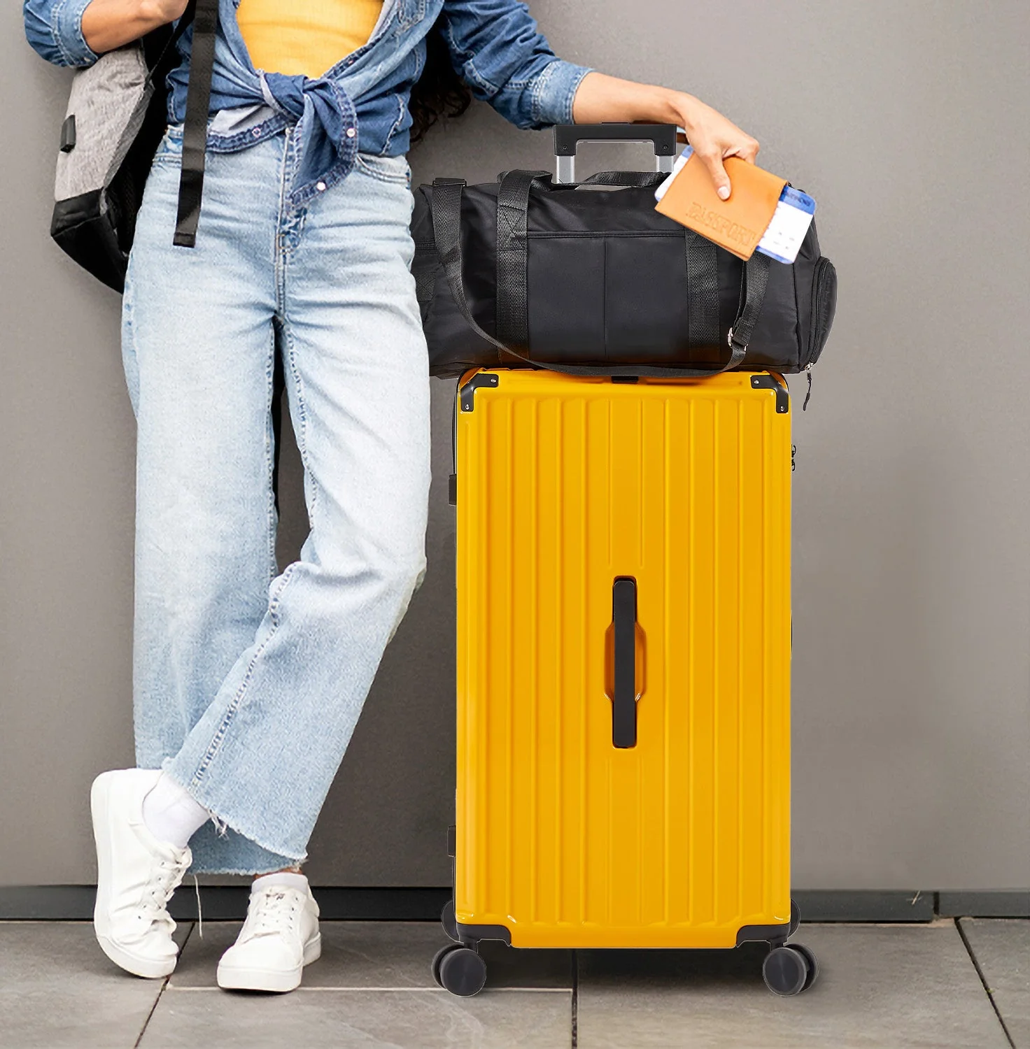 Luggage Set 4 pcs (20"/24"/29"/Travel Bag), PC+ABS Durable Lightweight Luggage with Collapsible Cup Holder TSA Lock, Yellow - Image 12