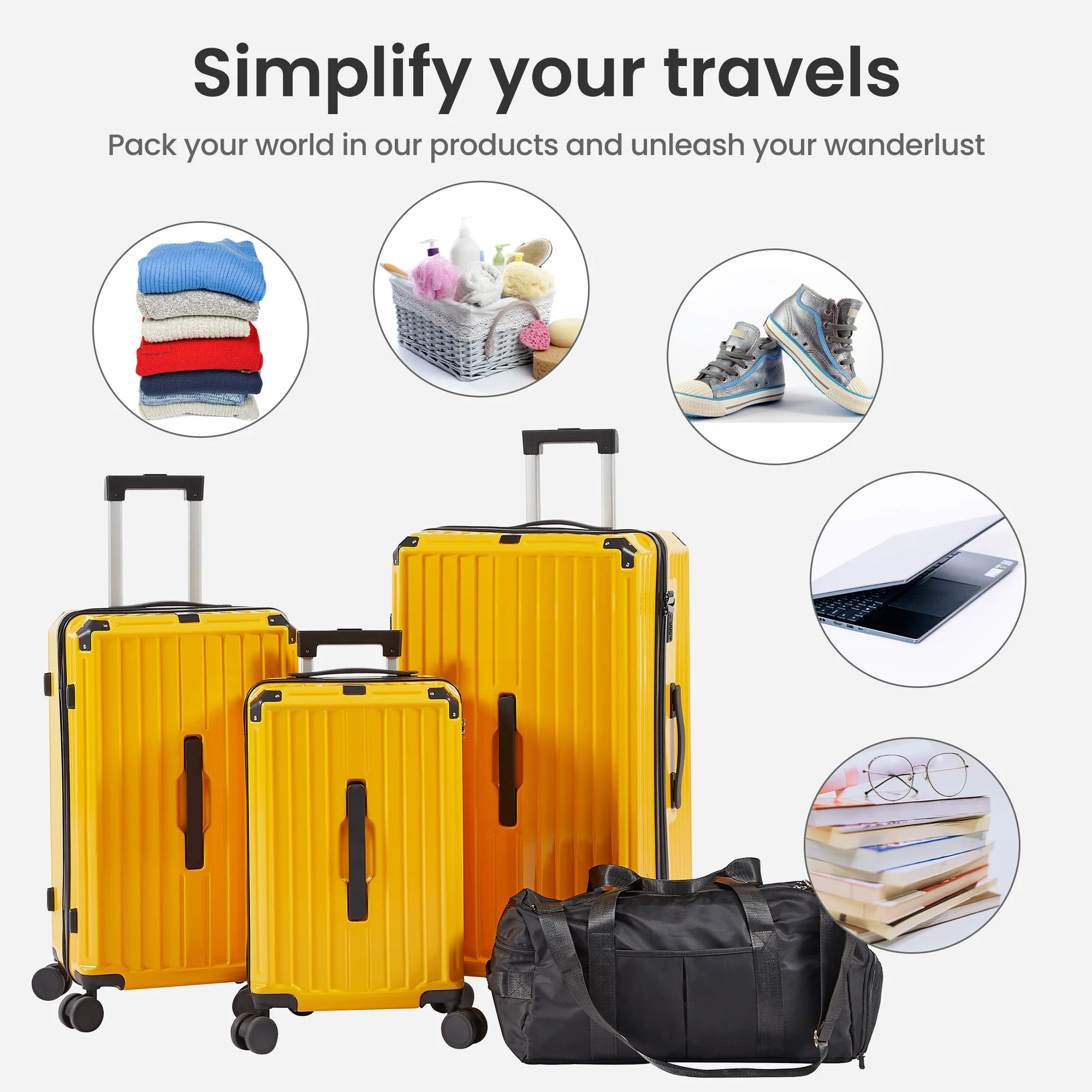 Luggage Set 4 pcs (20"/24"/29"/Travel Bag), PC+ABS Durable Lightweight Luggage with Collapsible Cup Holder TSA Lock, Yellow - Image 15