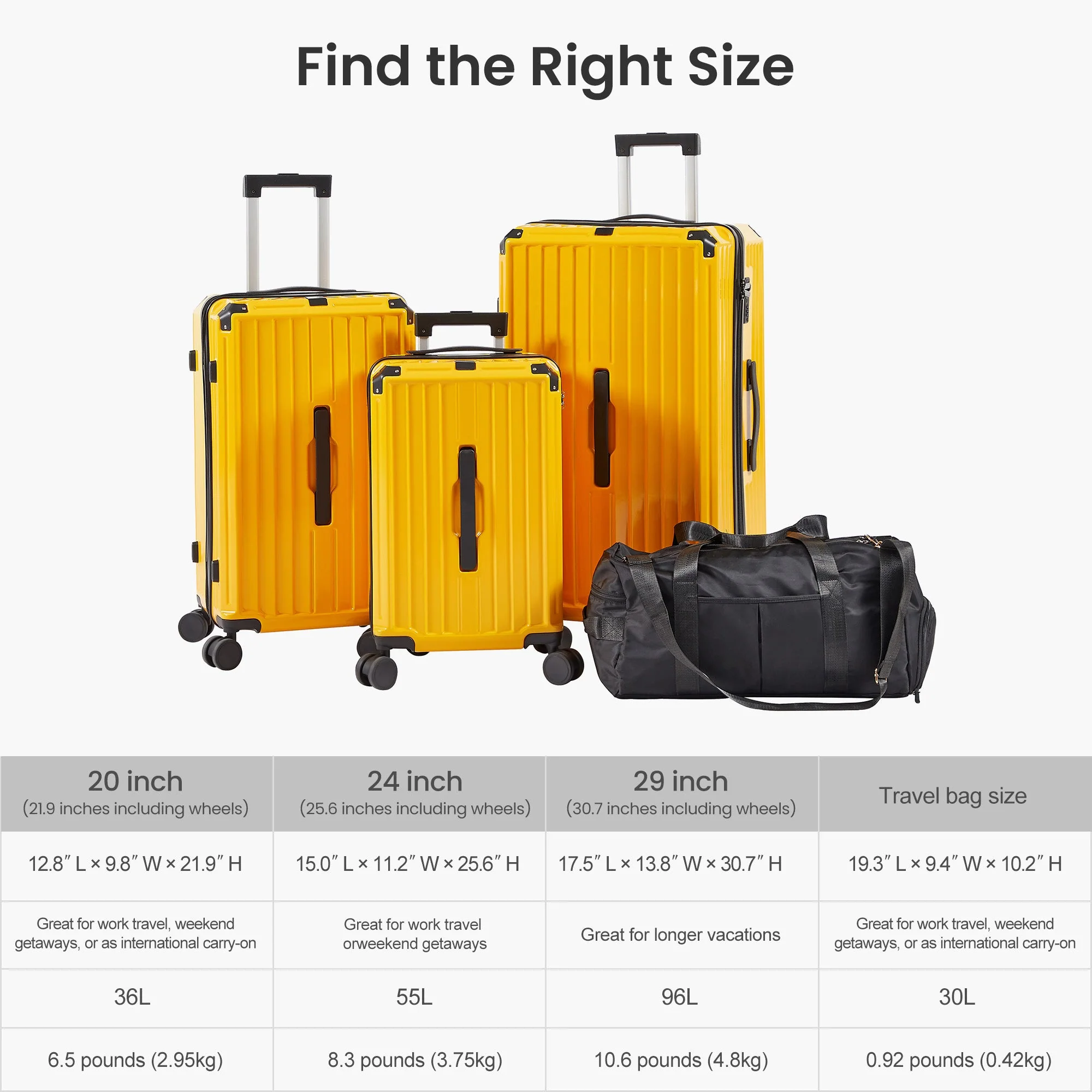 Luggage Set 4 pcs (20"/24"/29"/Travel Bag), PC+ABS Durable Lightweight Luggage with Collapsible Cup Holder TSA Lock, Yellow - Image 25
