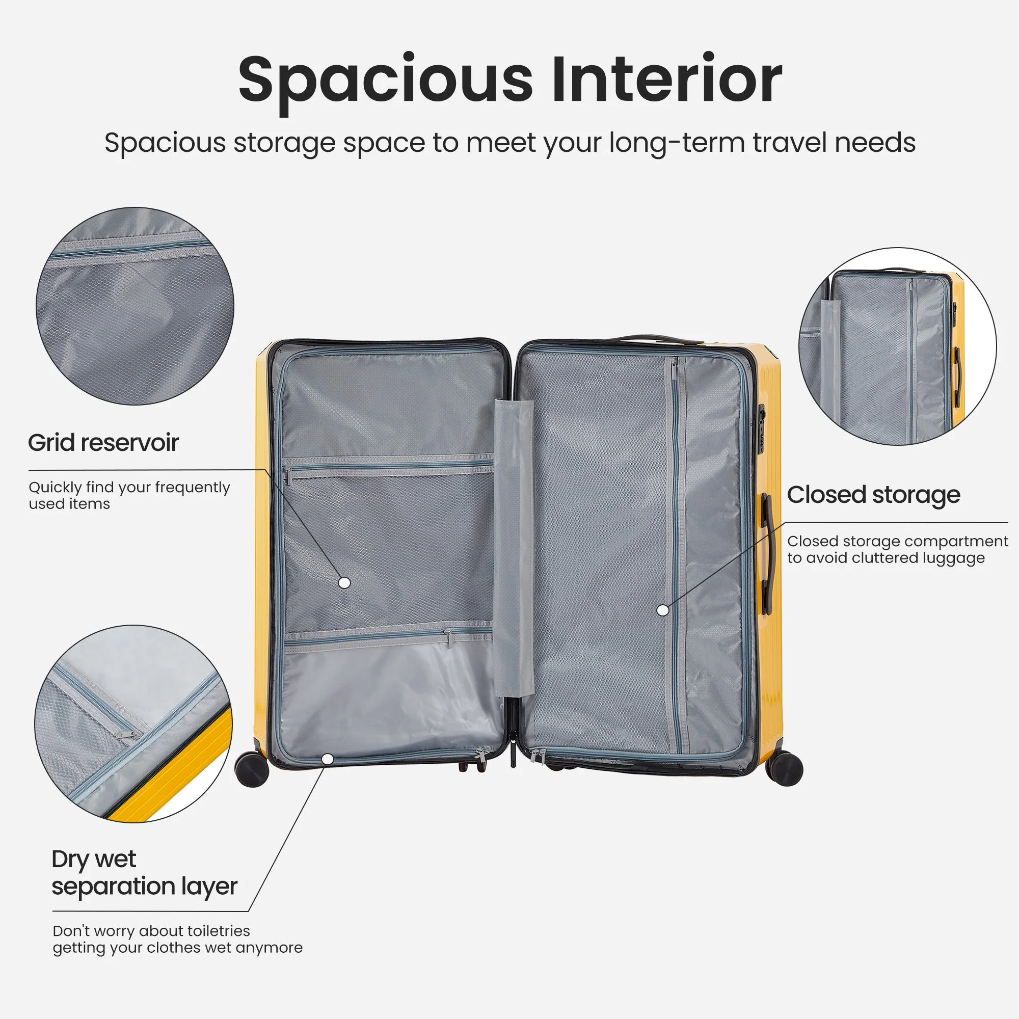 Luggage Set 4 pcs (20"/24"/29"/Travel Bag), PC+ABS Durable Lightweight Luggage with Collapsible Cup Holder TSA Lock, Yellow - Image 27