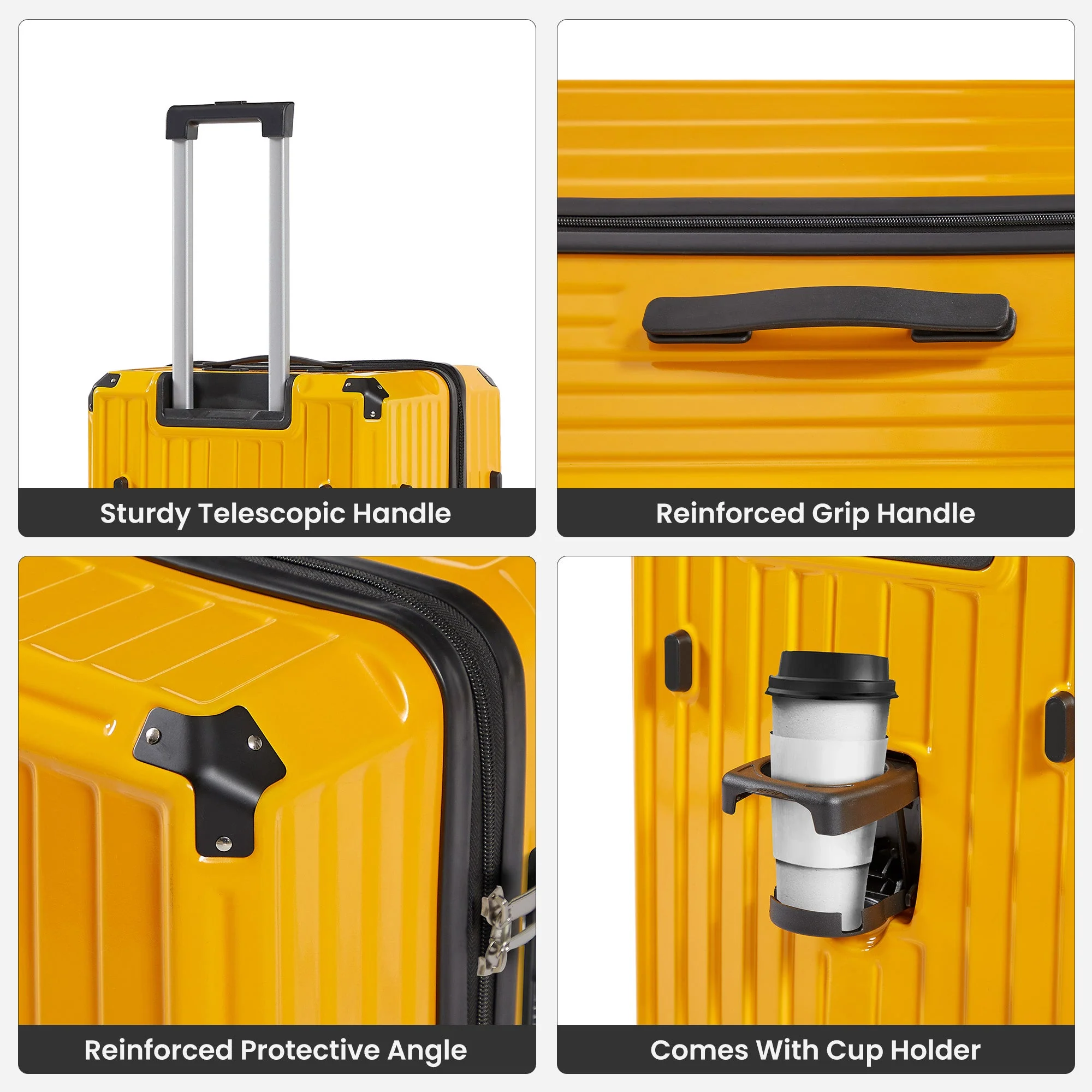 Luggage Set 4 pcs (20"/24"/29"/Travel Bag), PC+ABS Durable Lightweight Luggage with Collapsible Cup Holder TSA Lock, Yellow - Image 7
