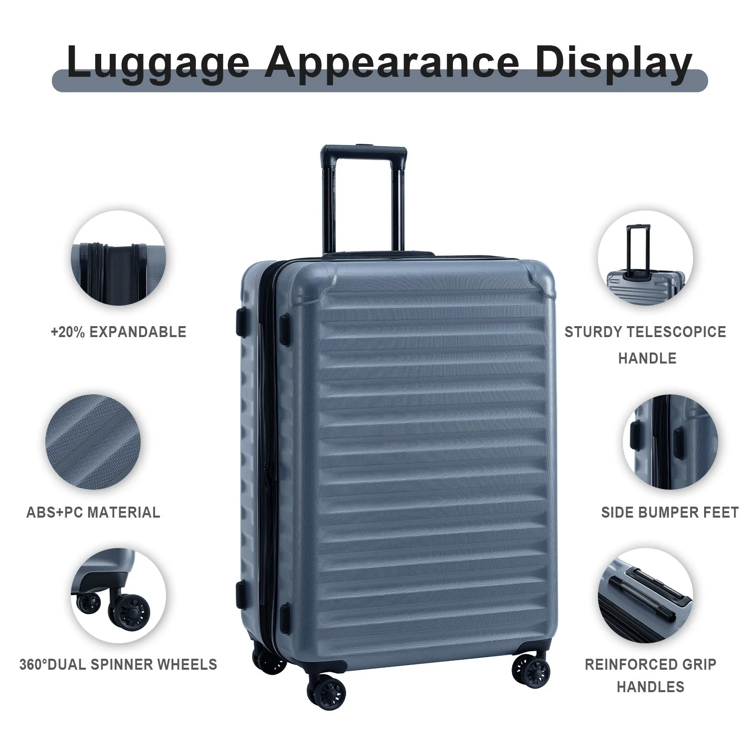 Luggage Sets New Model Expandable ABS+PC 3 Piece Sets with Spinner Wheels Lightweight TSA Lock (20/24/28), STEEL GRAY - Image 5