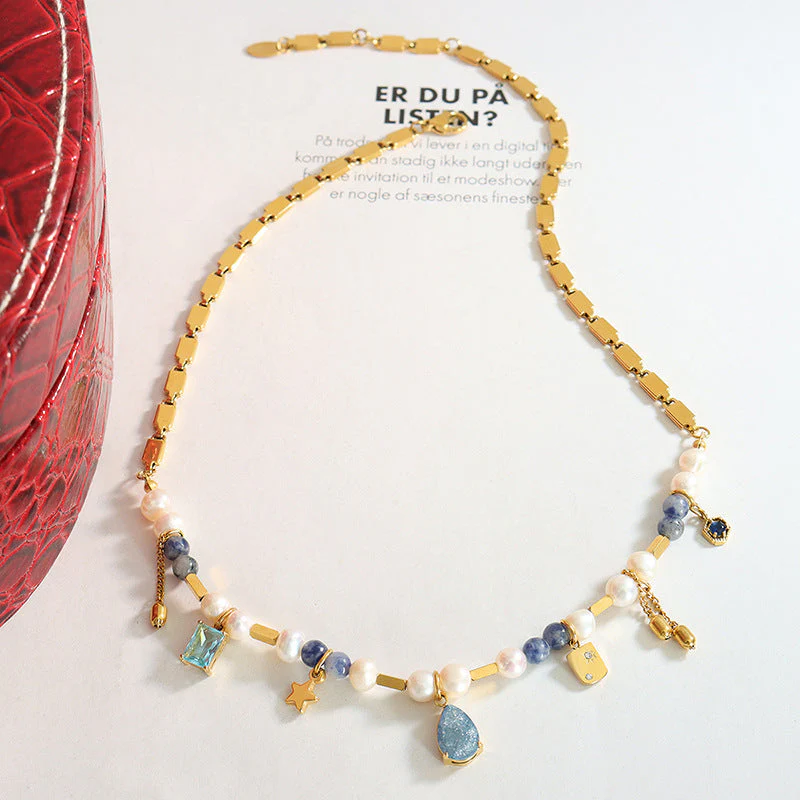 Mix Match Geometric Abstract Material Natural Stone Freshwater Pearl Titanium Steel Embellished Necklace Stitching Heavy Industry to Create Copper Material Chain - Image 3