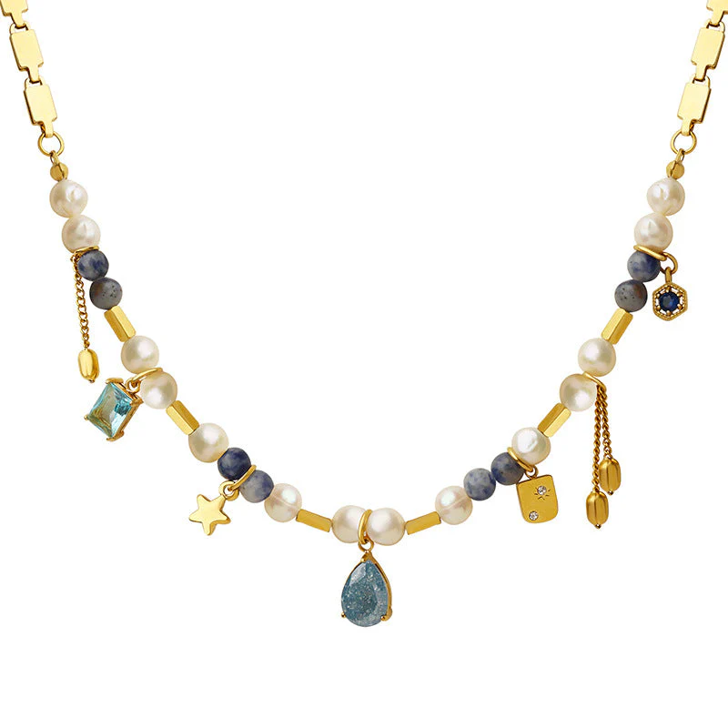 Mix Match Geometric Abstract Material Natural Stone Freshwater Pearl Titanium Steel Embellished Necklace Stitching Heavy Industry to Create Copper Material Chain - Image 4