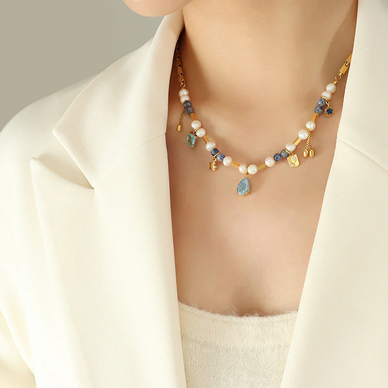 Mix Match Geometric Abstract Material Natural Stone Freshwater Pearl Titanium Steel Embellished Necklace Stitching Heavy Industry to Create Copper Material Chain - Image 6