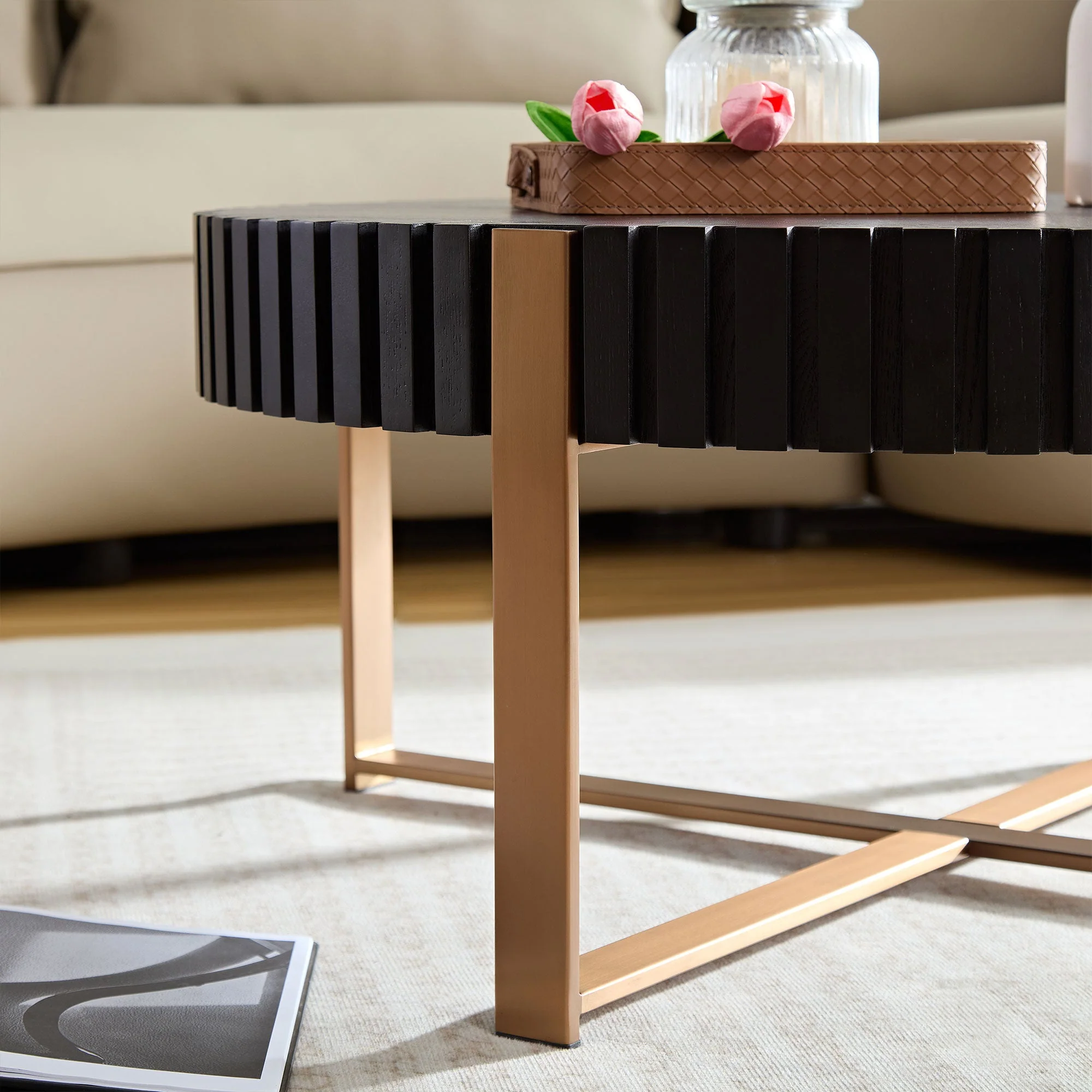 Modern Handcraft Drum Coffee Table 31.5 inch Round Coffee Table for Living Room,Small Coffee Table with Sturdy Pedestal,Black - Image 9