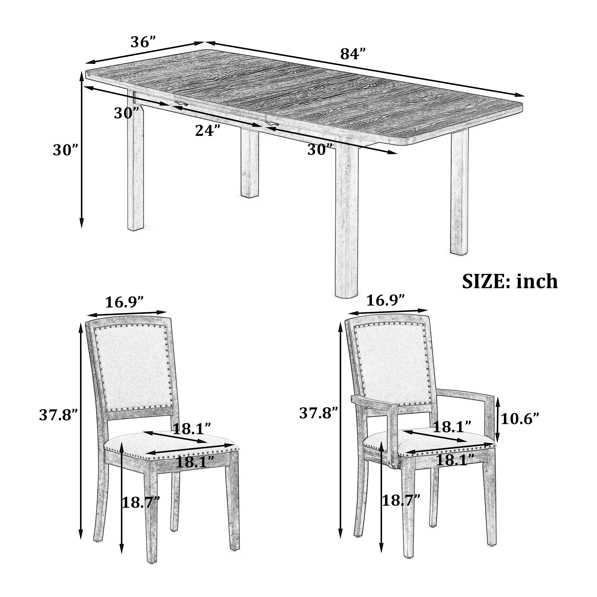TOPMAX expandable 84 inch dining table set with 24 inch detachable leaves, 6 armless chairs and 2 armchairs  9 pieces natural - Image 10