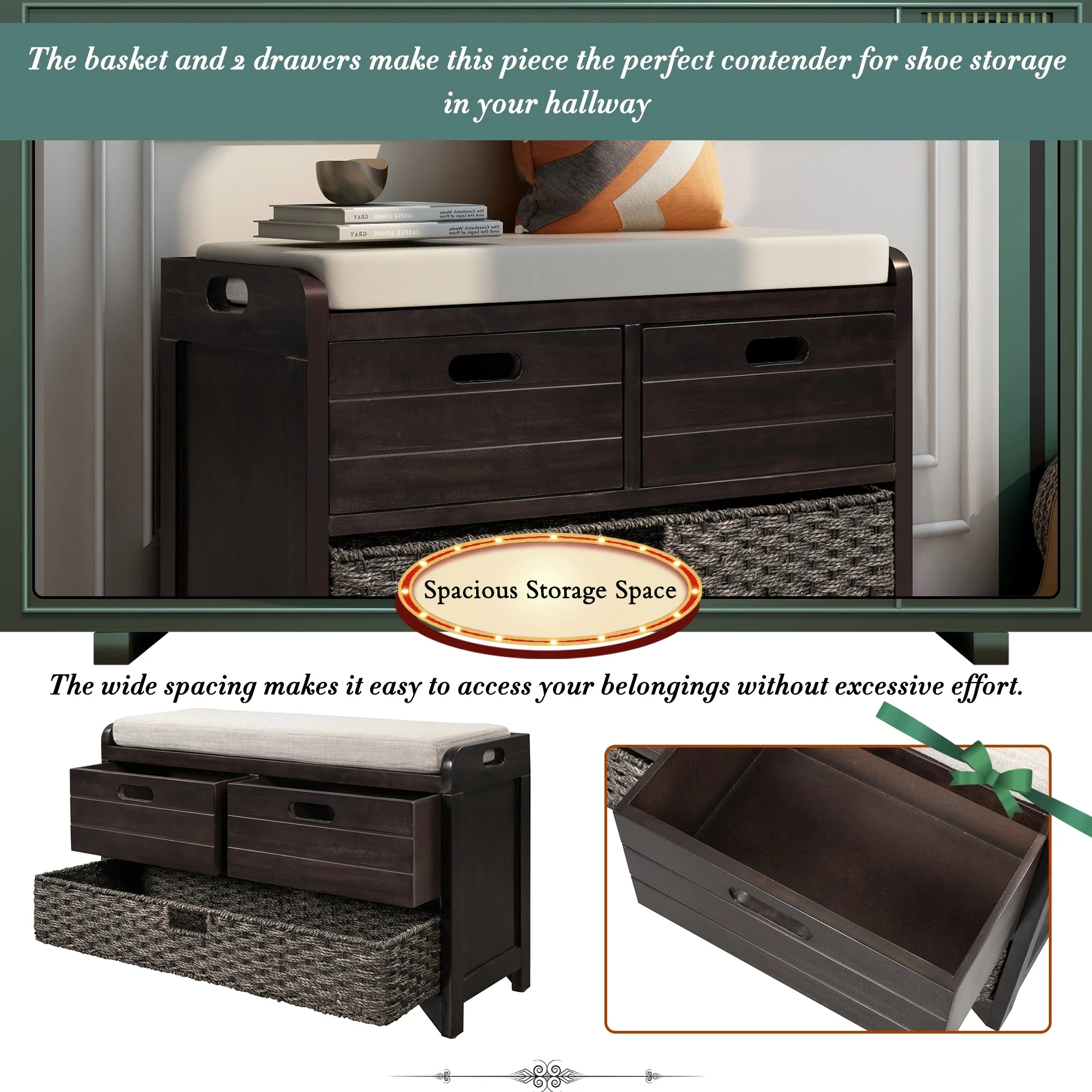TREXM Storage Bench with Removable Basket and 2 Drawers, Fully Assembled Shoe Bench with Removable Cushion (Espresso) - Image 5