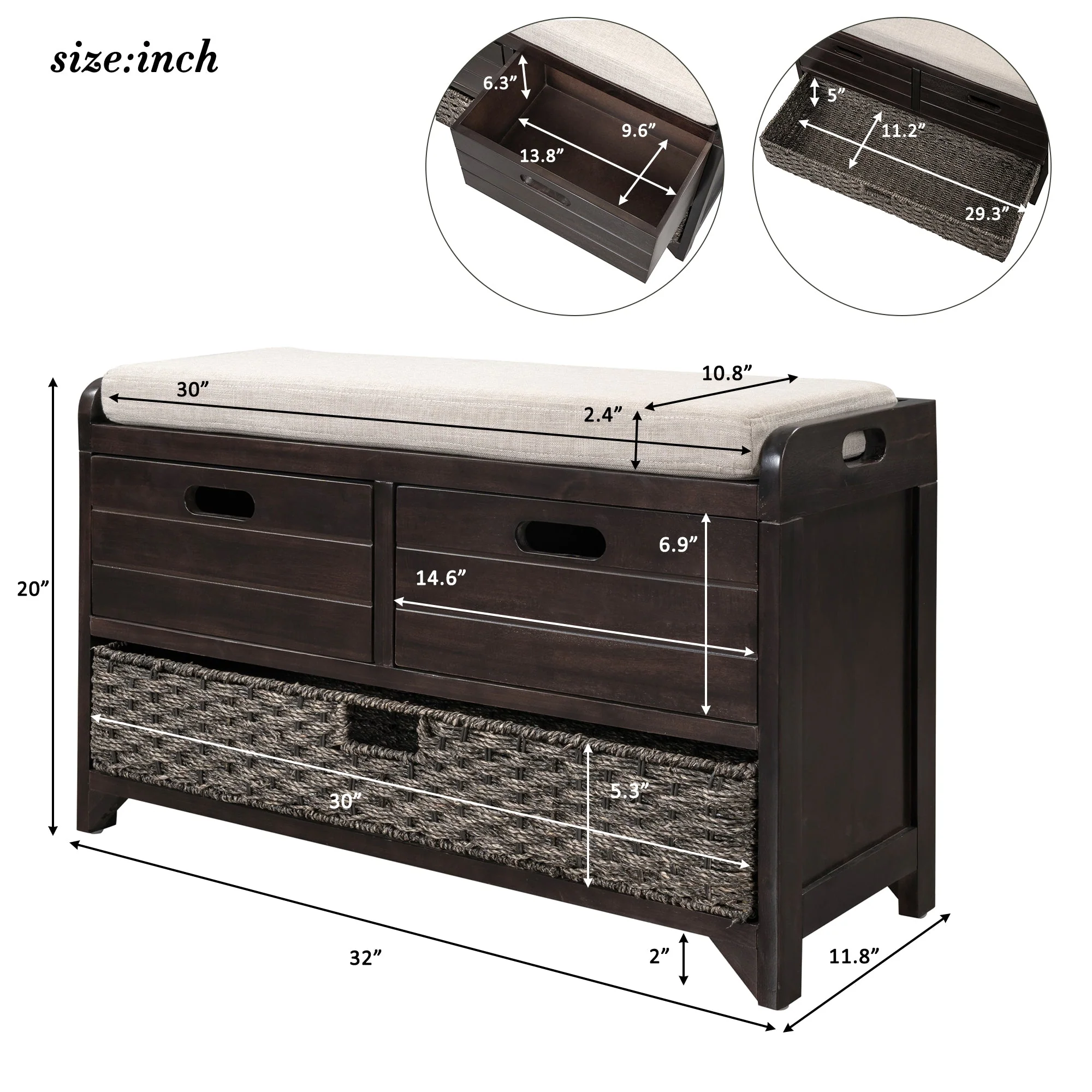TREXM Storage Bench with Removable Basket and 2 Drawers, Fully Assembled Shoe Bench with Removable Cushion (Espresso) - Image 8