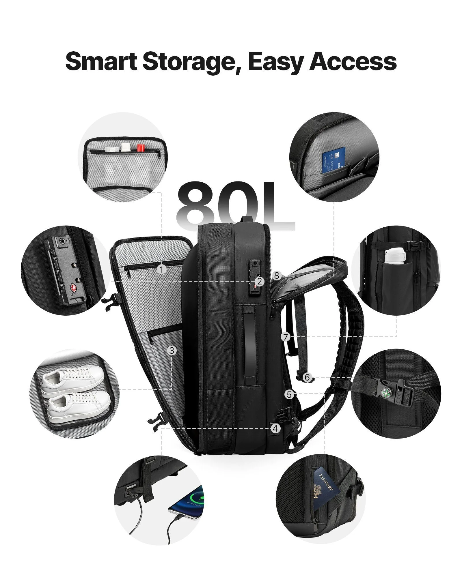 VEVOR Vacuum Travel Backpack, 80L, Expandable Vacuum Seal Compression Travel Backpack with Pump, with TSA-Approved Lock, Airback Vacpack, Water-Resistant Carry-On Suitcase Luggage, for Business, Black - Image 3