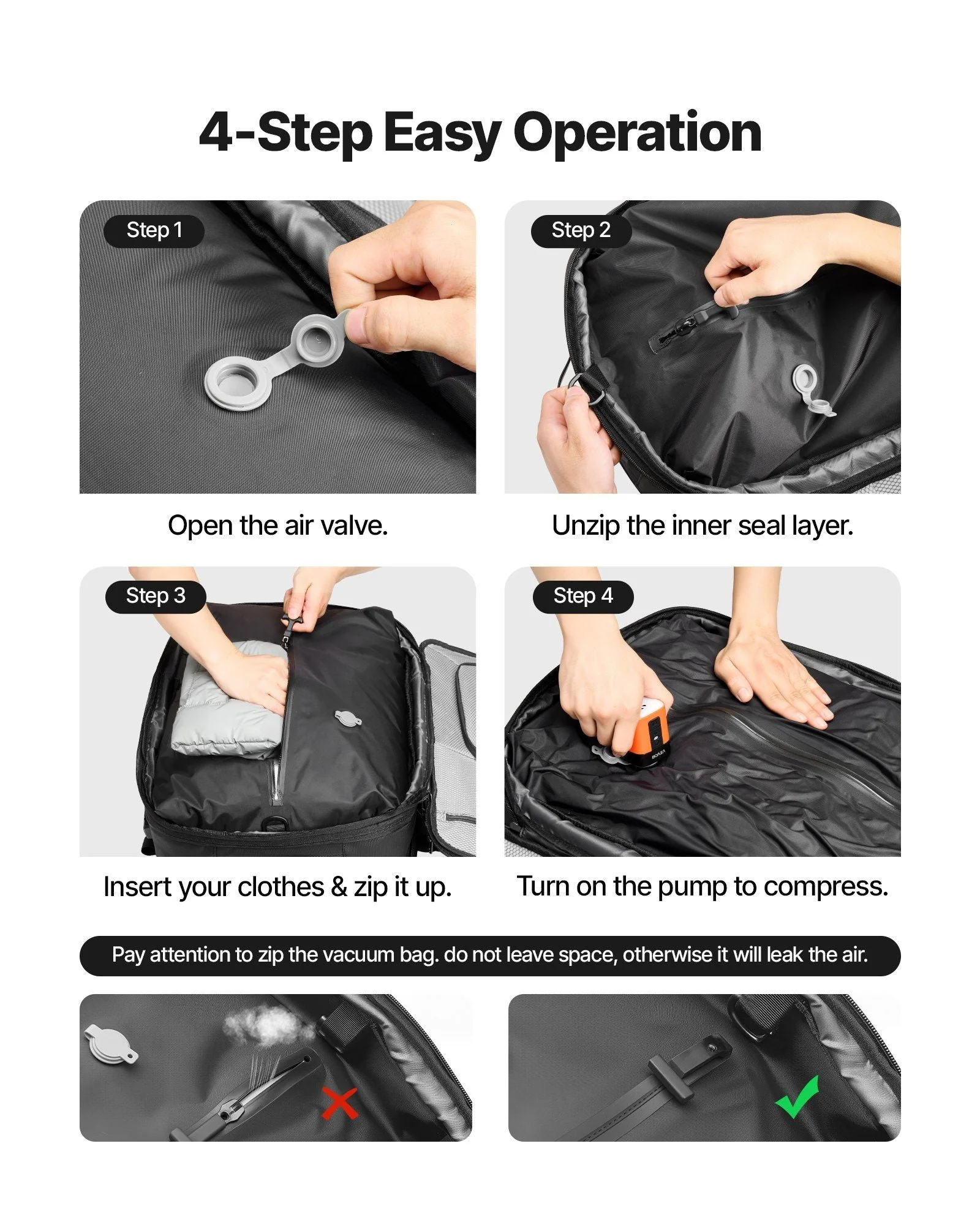 VEVOR Vacuum Travel Backpack, 80L, Expandable Vacuum Seal Compression Travel Backpack with Pump, with TSA-Approved Lock, Airback Vacpack, Water-Resistant Carry-On Suitcase Luggage, for Business, Black - Image 4