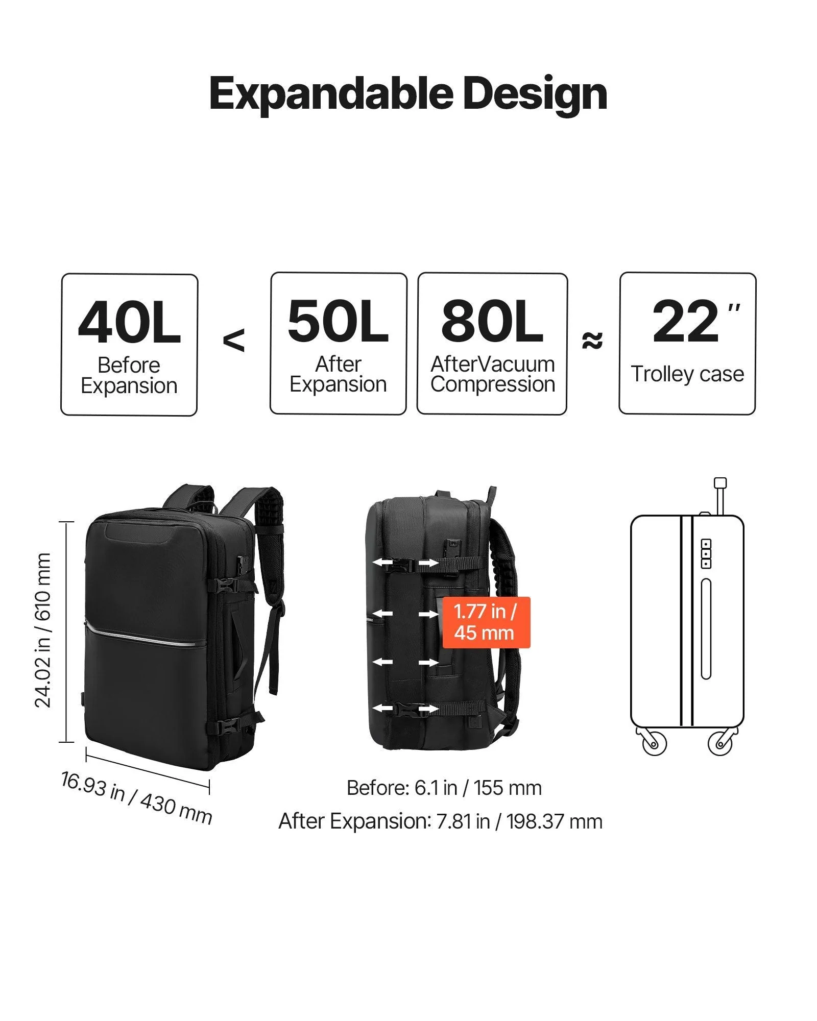 VEVOR Vacuum Travel Backpack, 80L, Expandable Vacuum Seal Compression Travel Backpack with Pump, with TSA-Approved Lock, Airback Vacpack, Water-Resistant Carry-On Suitcase Luggage, for Business, Black - Image 7